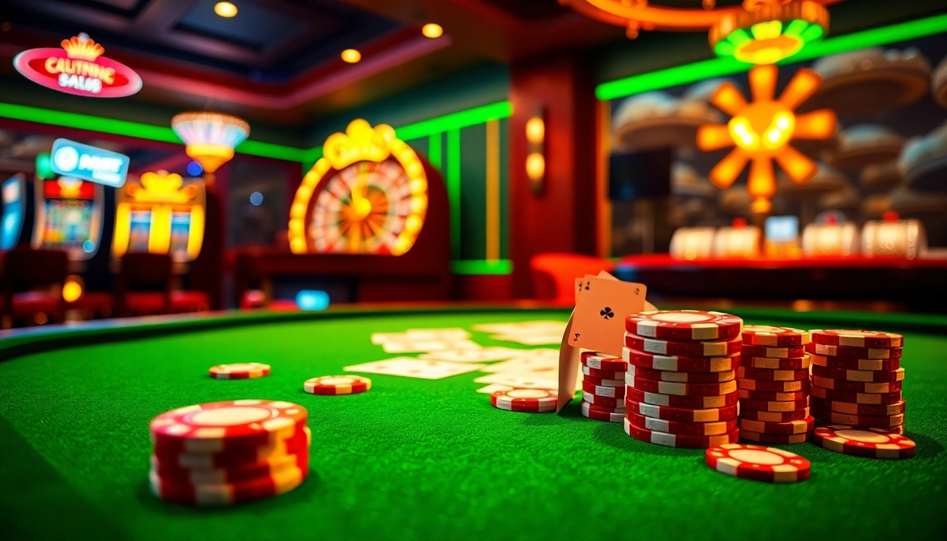 Engage in thrilling poker action at HU88's upscale casino venue featuring vibrant chips and cards.