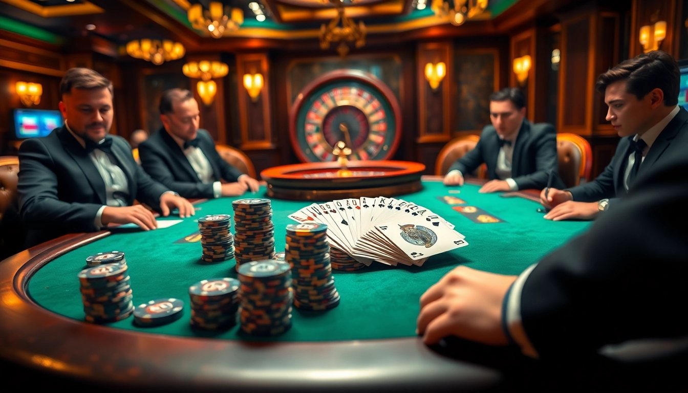 Exciting poker gameplay at a luxurious casino, featuring https://lu88bb.com/ branding.