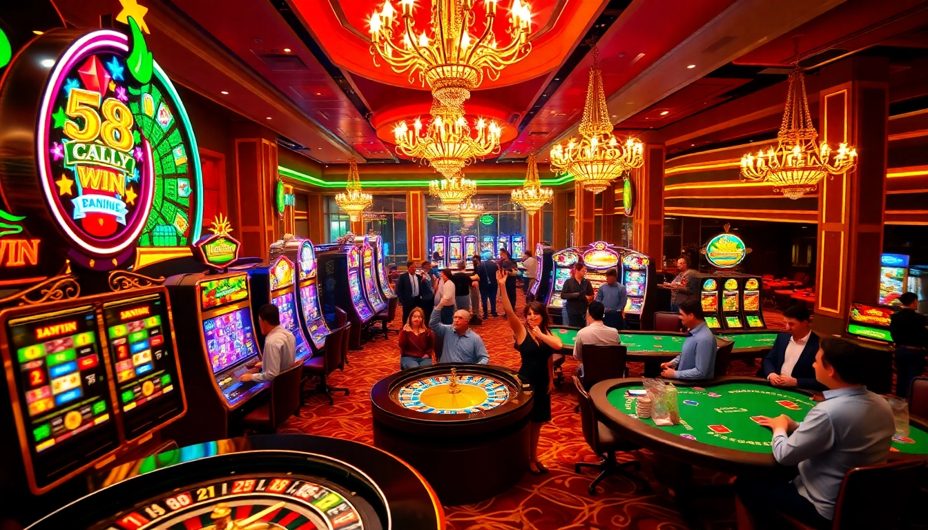 Players celebrate wins at 58WIN in a luxurious casino environment filled with vibrant slot machines and roulette tables.