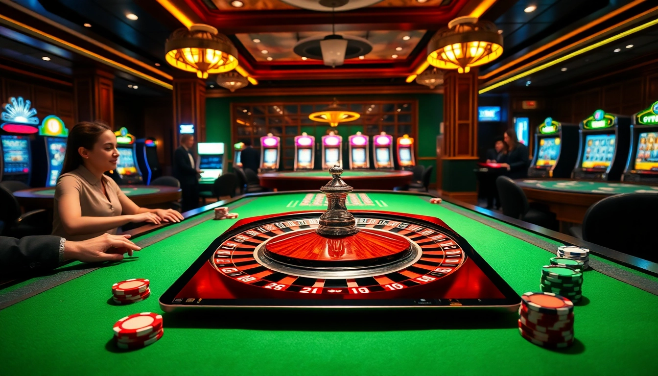 Engaging players at the Trang Chủ KU88 roulette table with vibrant chips and slot machines.