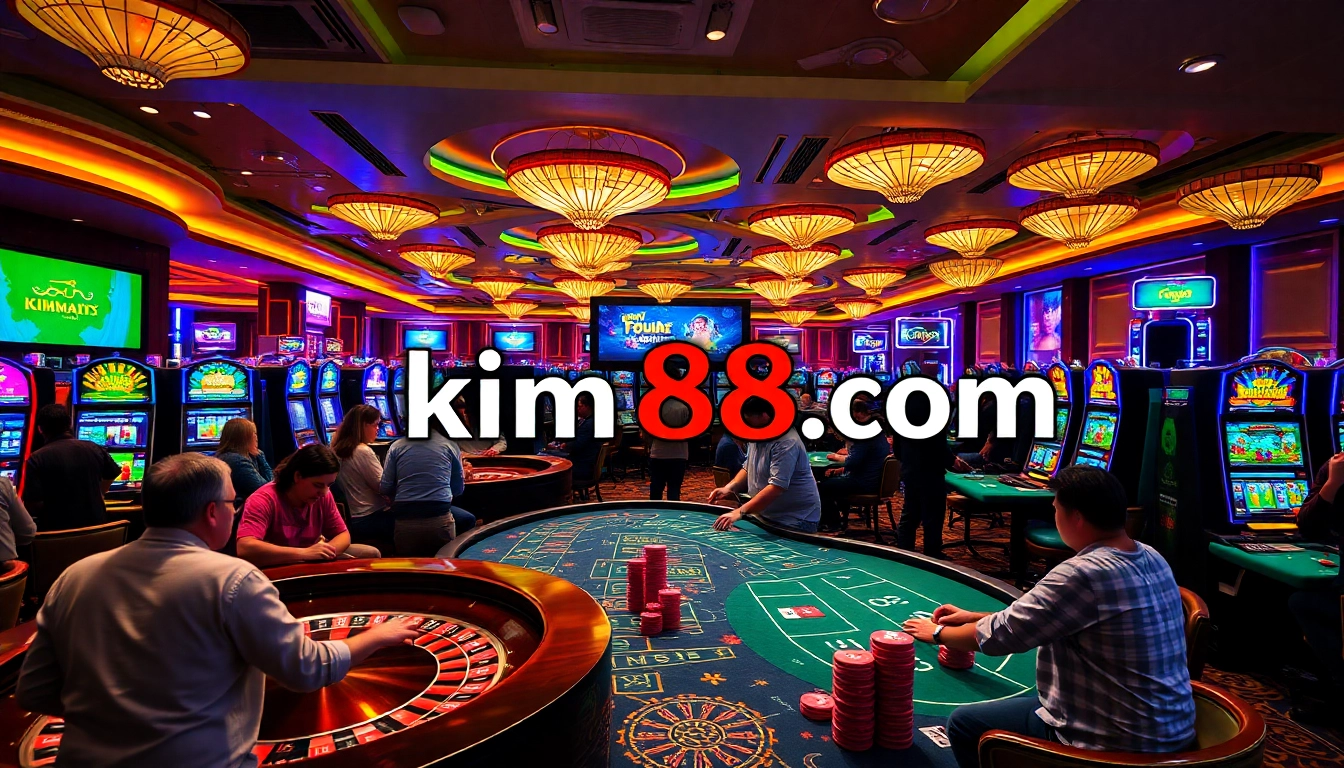 Gamblers enjoying thrilling games at the vibrant kim88 com casino, featuring poker chips and slot machines.
