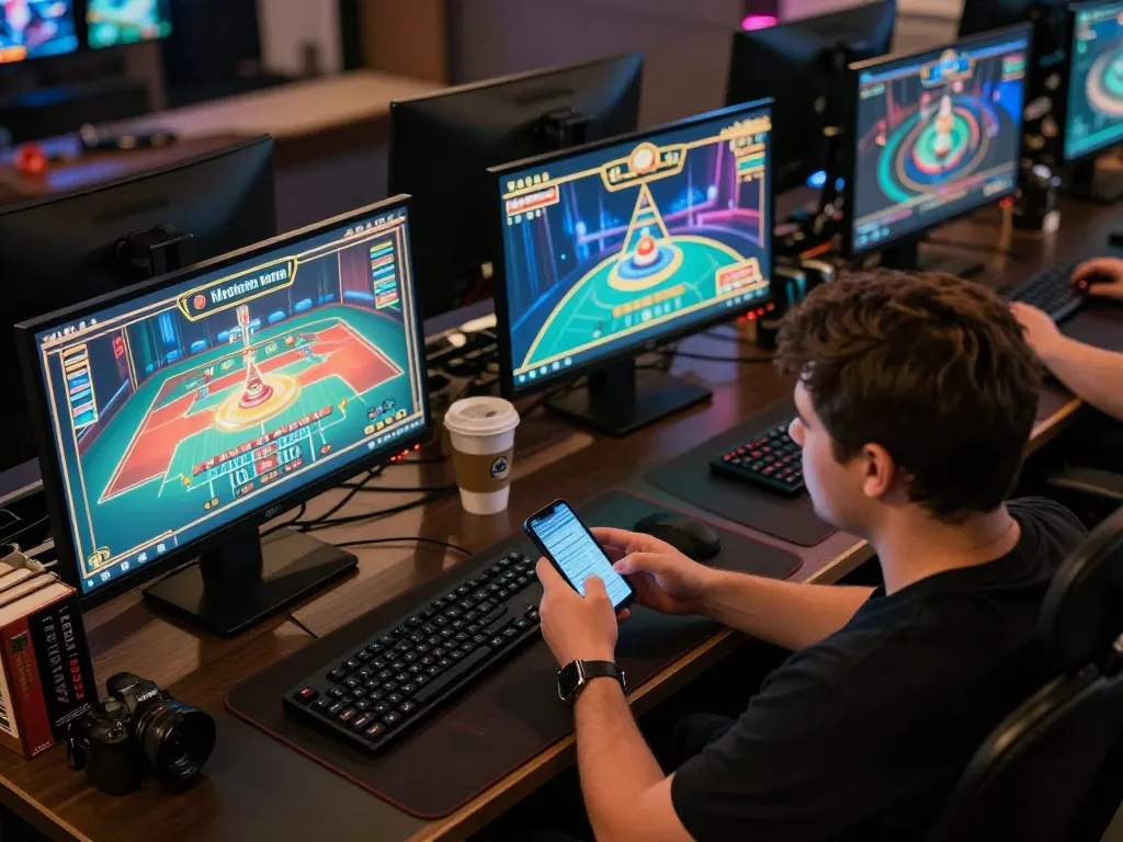 Player enjoying online casino games at home with MM88 app visible on smartphone and multiple screens