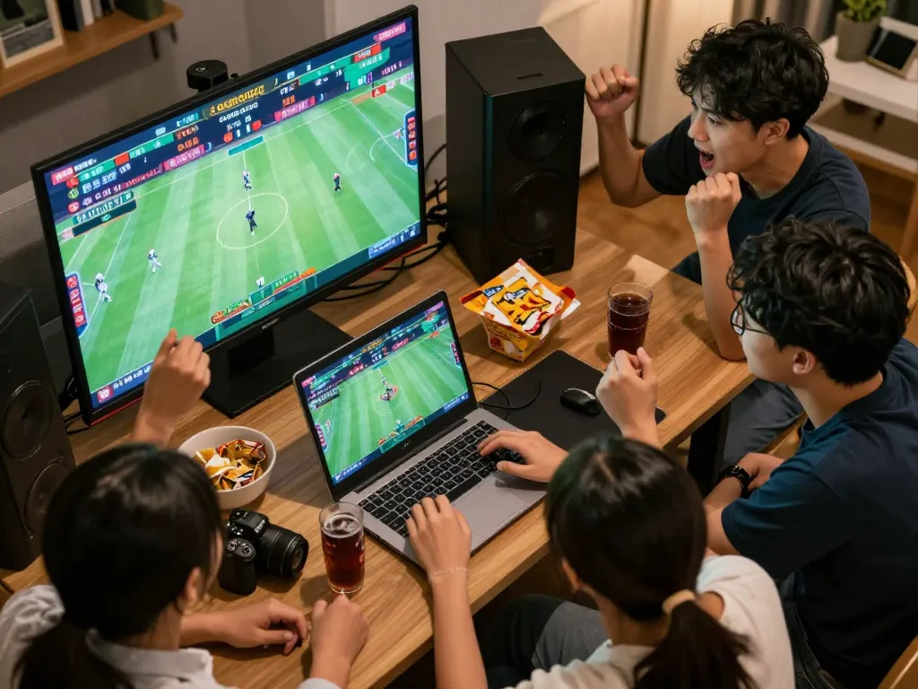 Bong88 engaging online sports betting scene with friends analyzing odds and placing bets.
