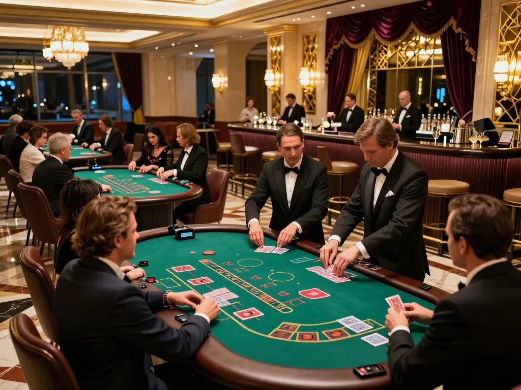 Players enjoying an exciting game at hitclub's upscale blackjack tables, showcasing vibrant casino energy.