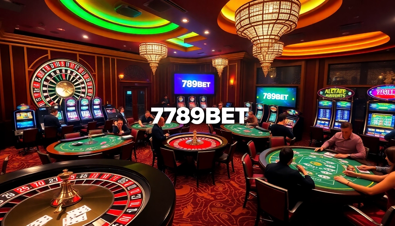 Excited players engaging at tables including poker, roulette, and slot machines in a 789BET casino atmosphere.