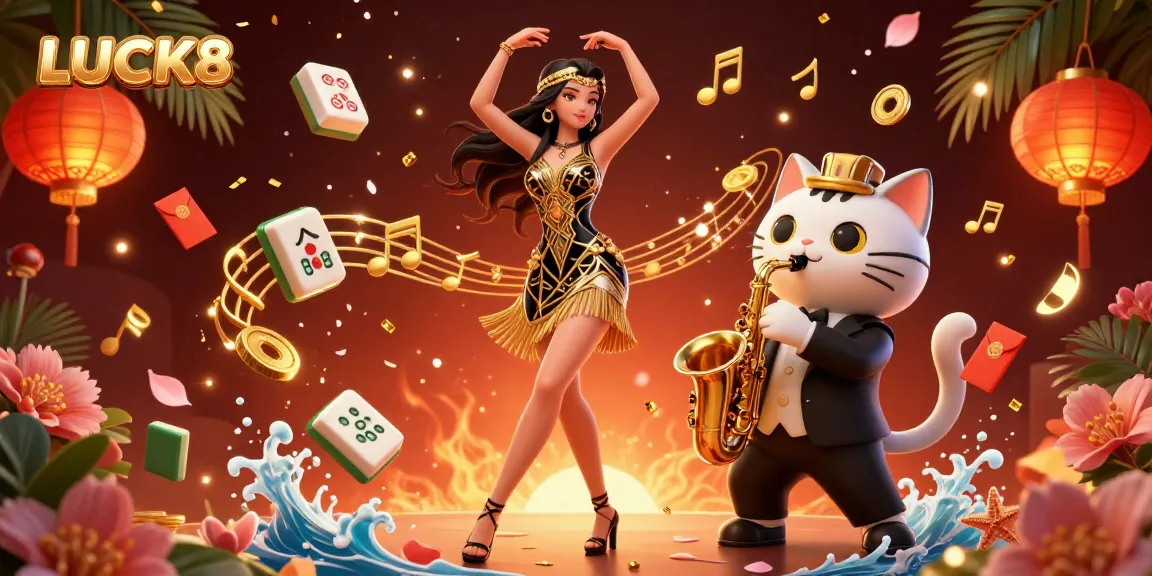 Engage with LUCK8 casino excitement featuring a dancing woman and saxophone-playing cat amidst vibrant gaming symbols.