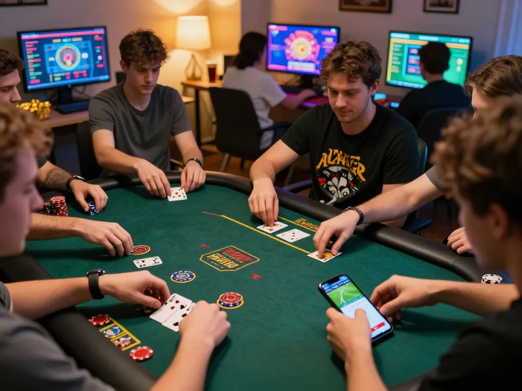Players engaging online with 79win casino, showcasing poker actions and sports betting excitement.
