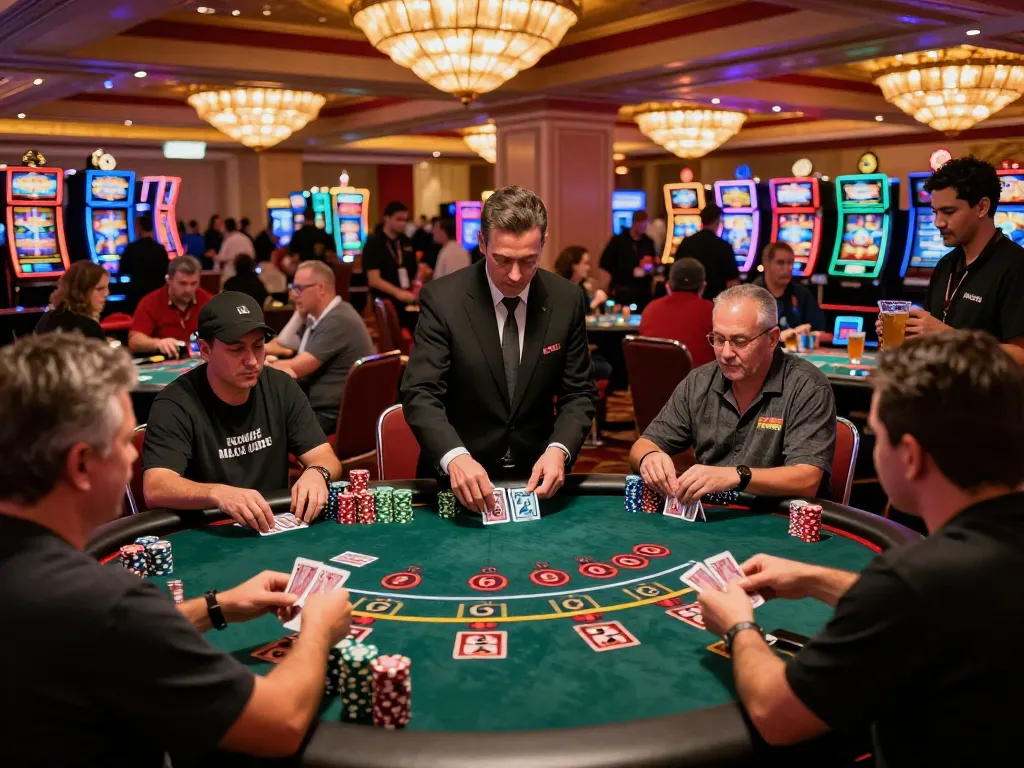 Players engage in fast-paced blackjack at a luxurious Las Vegas casino, immersing in gambling excitement with Go8 flair