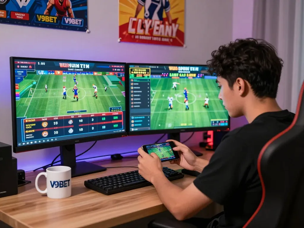 Engaged V9BET player enjoying live sports betting on smartphone in a modern home office.
