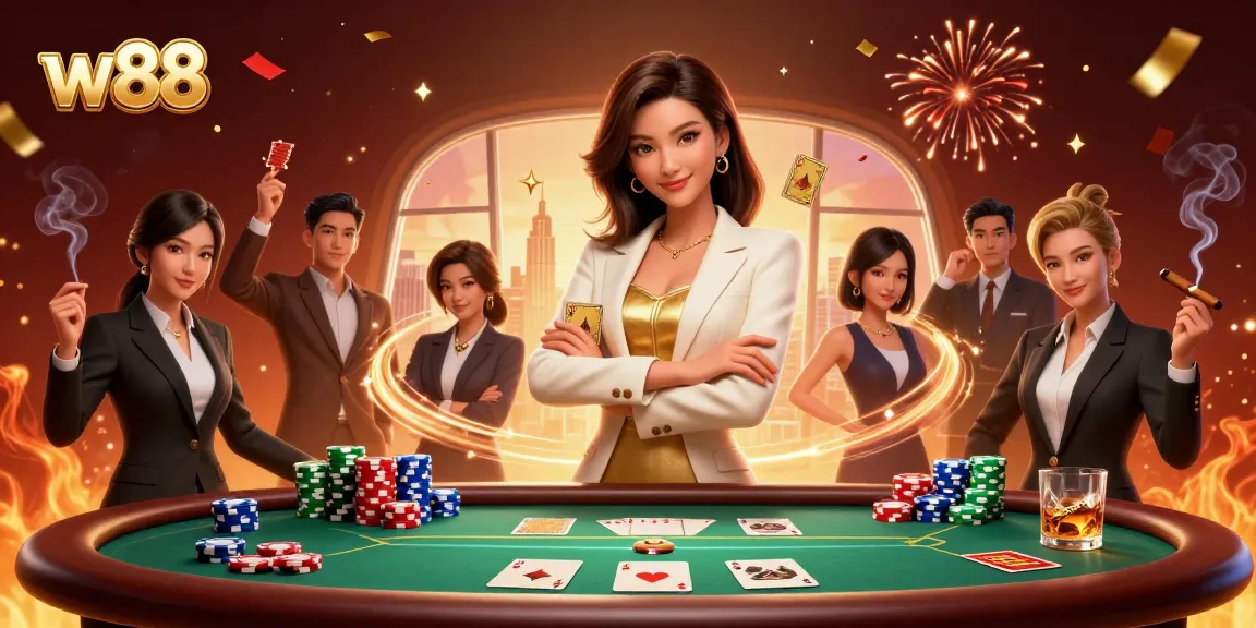 Engage and win at w88 with an elegant Asian business woman amidst a glamorous casino scene.