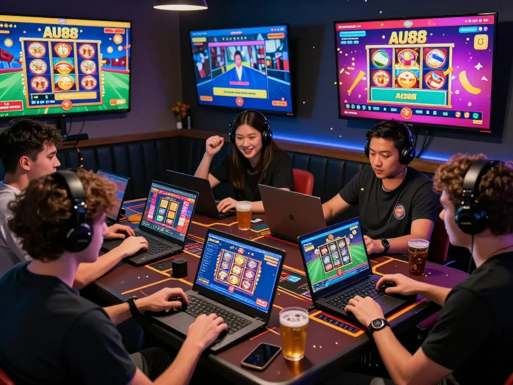 Players engaging in online gambling at AU88 with vibrant screens showcasing slot games and sports betting.