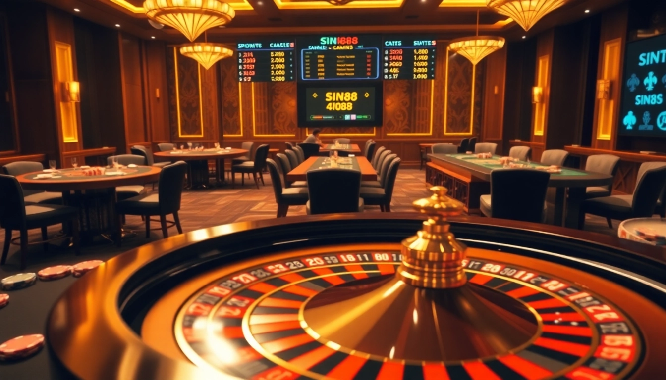 SIN88 casino scene with a roulette table and poker chips, showcasing luxury and excitement.