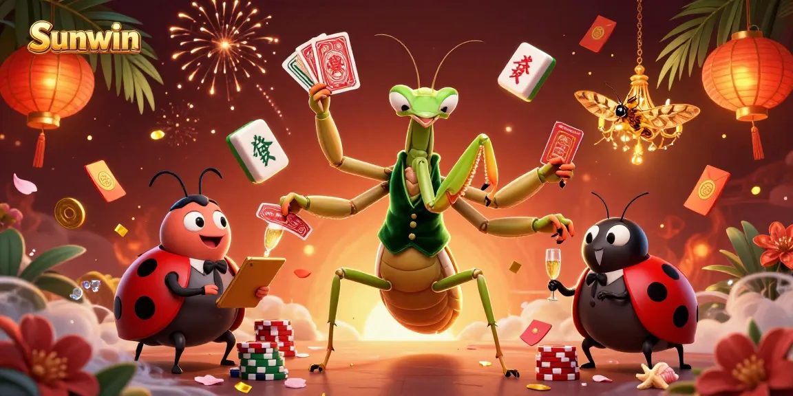 Exciting Sunwin casino scene with a giant praying mantis card sharp, ladybug pit boss, and gold confetti.