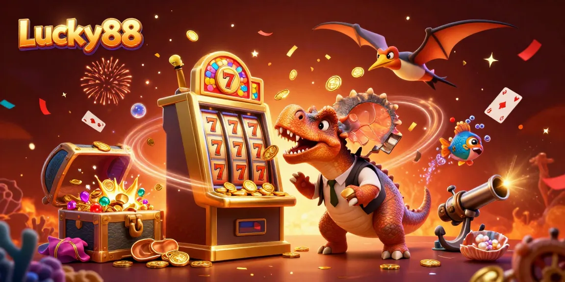 Headbutting the golden slot machine in Lucky88, jackpot coins explode amid colorful treasures.