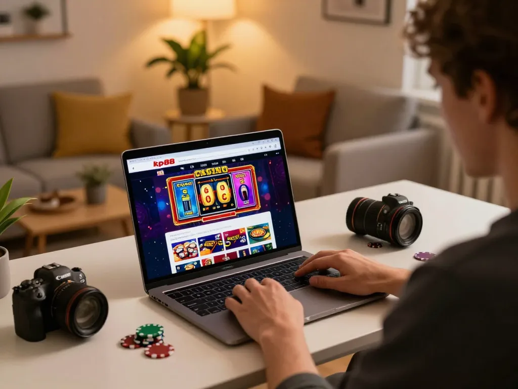 Player engaging in kp88 online casino gaming, laptop screen showcasing exciting poker graphics