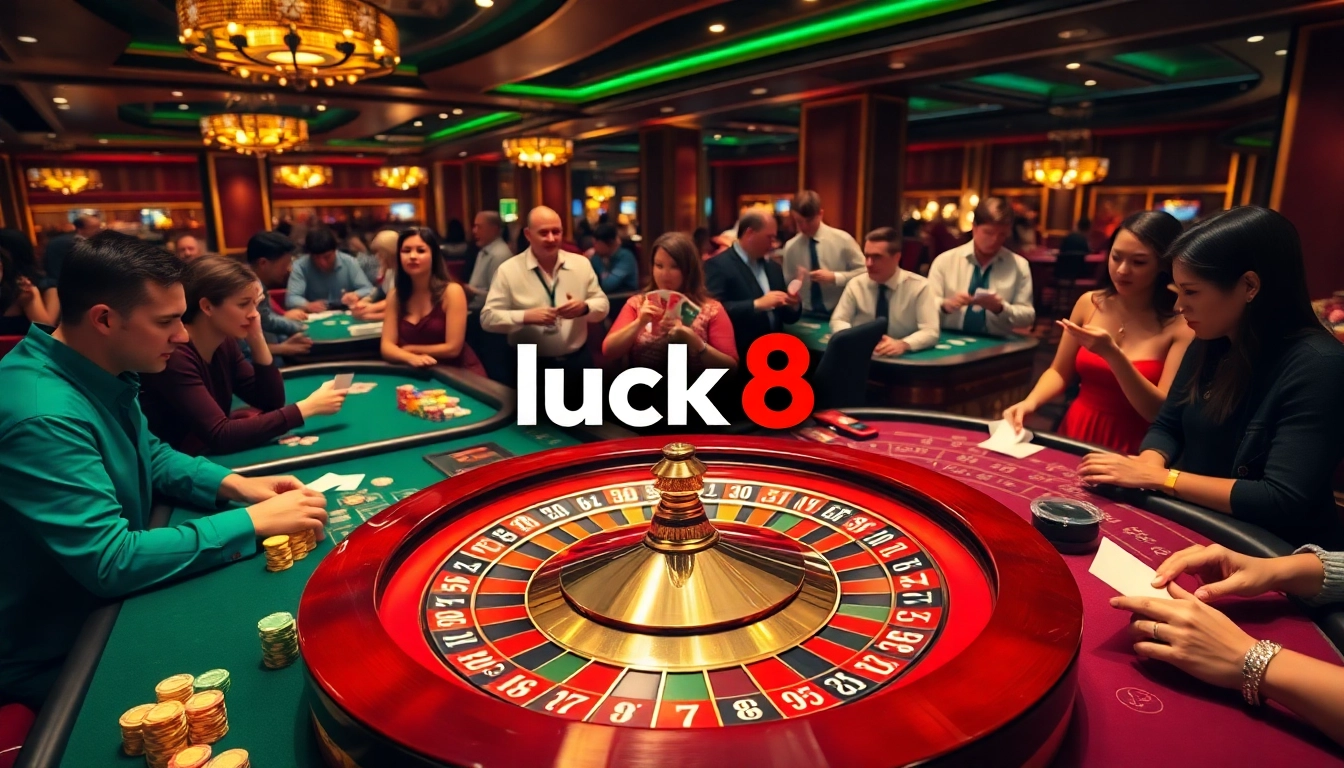 Players enjoying games at luck8 casino with vibrant roulette and poker tables.