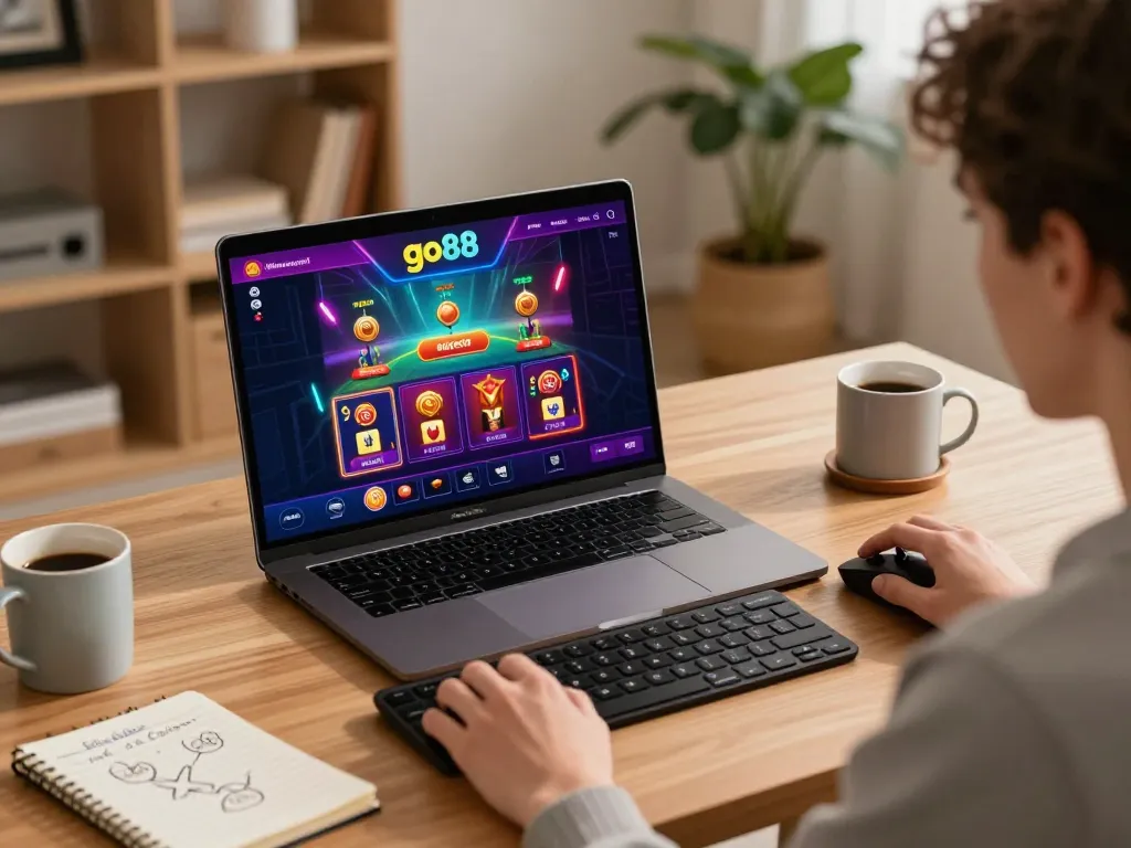 Engaging go88 online gambling experience at home with player using laptop and strategic notes.