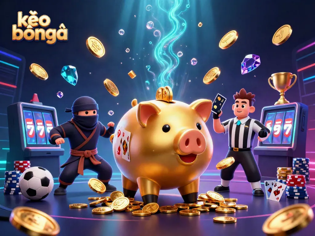 Experience exciting kèo bóng đá with a dynamic scene featuring a golden piggy bank sumo wrestler and vibrant casino elements.