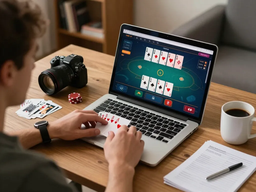 Player enjoying an online vt88 poker game on a cozy home desk, engaging with strategy notes and coffee.