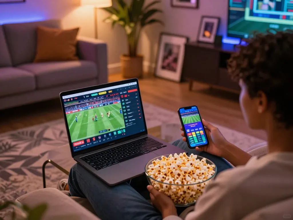 Engaged gambler using the 1gom platform for sports betting at home, cozy setting with sports events displayed on laptop