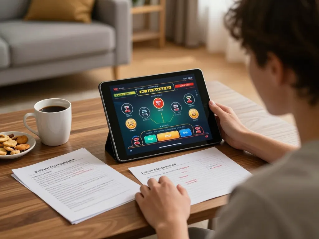 Player engaged in live dealer casino game on tablet, representing fly 88 with strategic focus and comfortable setting.
