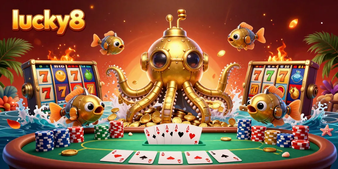 Engage with lucky8's thrilling slot experience featuring a golden kraken submarine amidst vibrant game elements.
