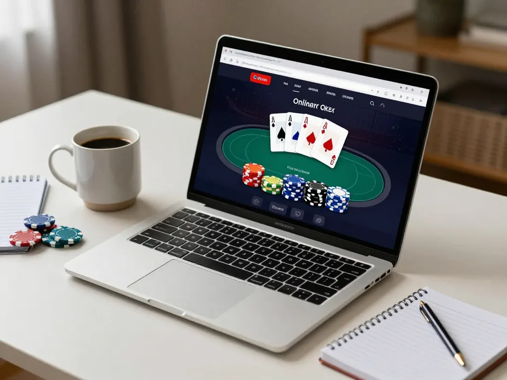 SC88 poker gameplay on sleek laptop with colorful chips and strategy notes in cozy home setting