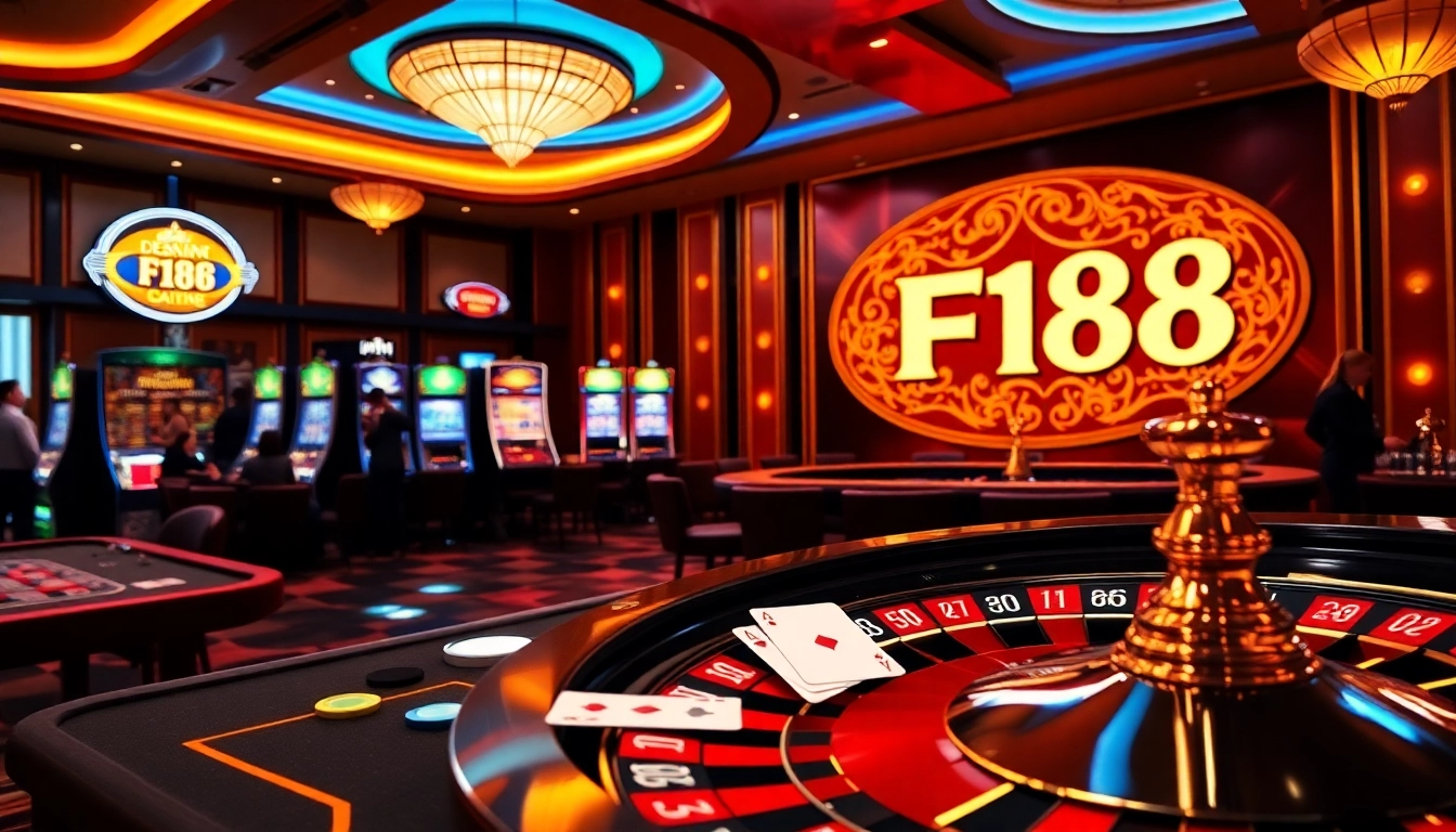 Engaged players enjoying F168 casino games with vibrant tables, chips, and roulette wheel.