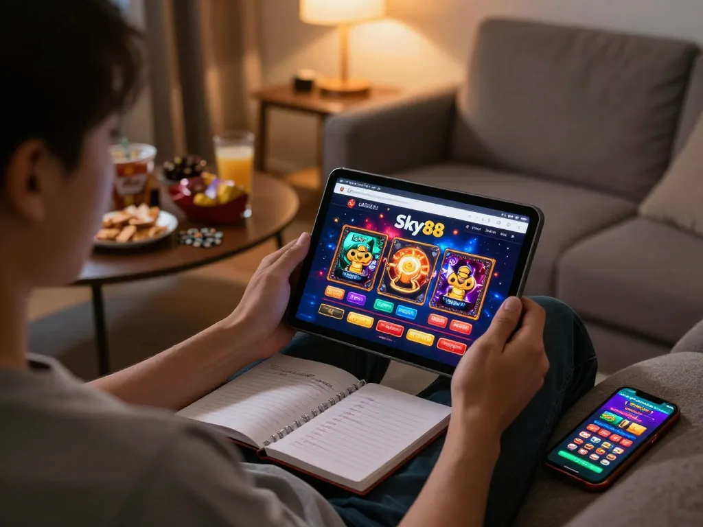Engaging gaming session on Website Sky88 displayed on tablet, with snacks and cozy living room setting.