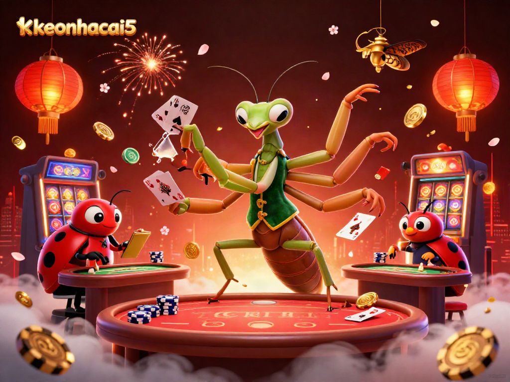 Experience the excitement of keonhacai5 with a vibrant scene of card games and lucky symbols.