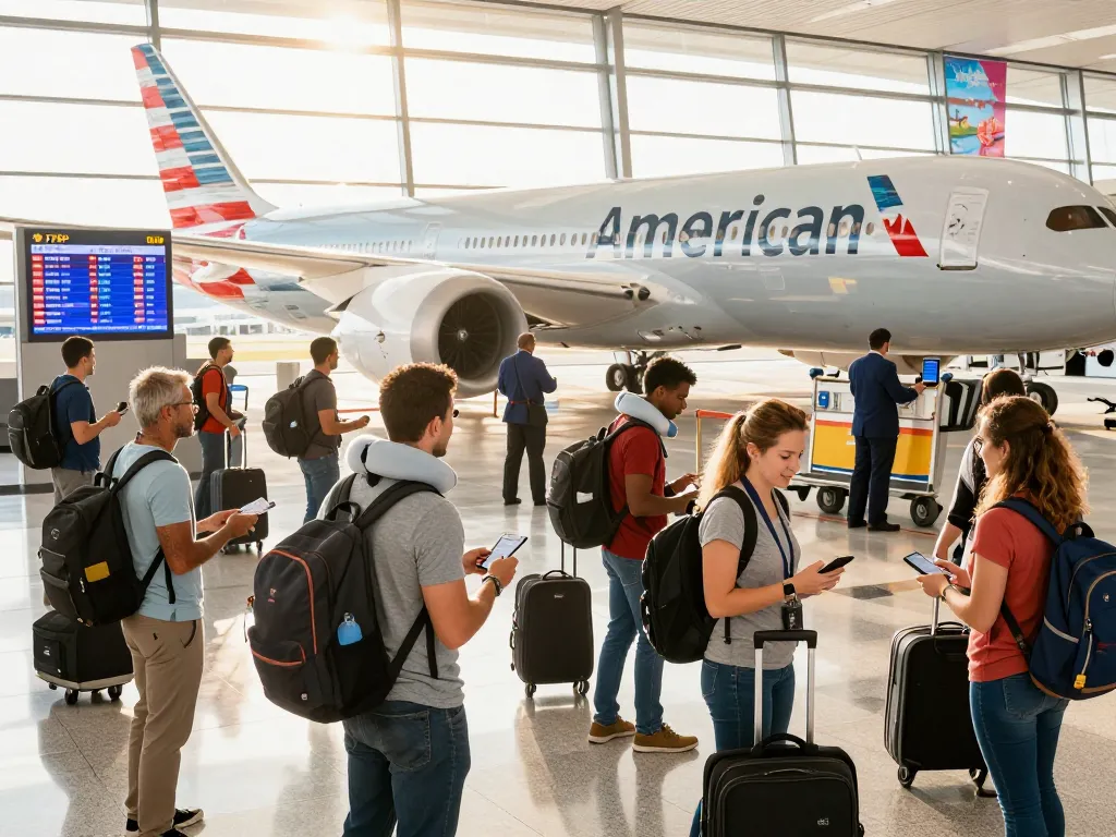 Travelers excitedly boarding the 789P, showcasing vibrant airport energy.