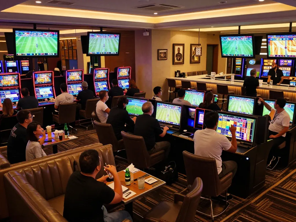 Exciting sports betting scene at tg88 with fans cheering and live screens.