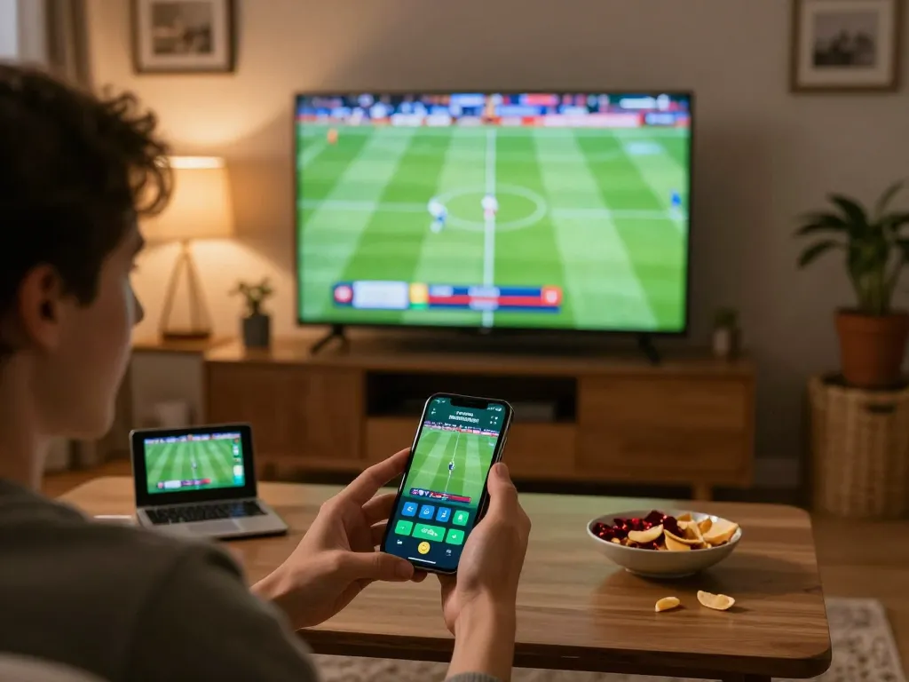 Engaging in trang cá cược bóng đá with mobile app during thrilling football viewing experience at home