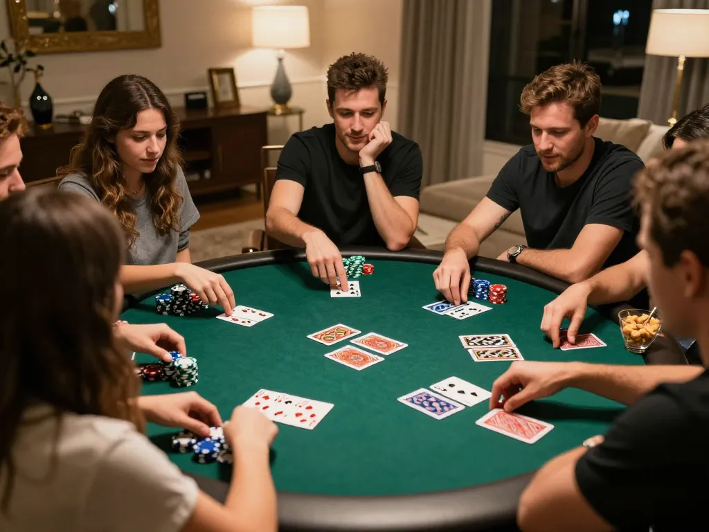 Friends playing poker at home while enjoying a game night and maximizing their experience at Rikvip