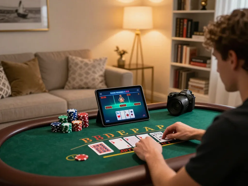 Player strategizing in an upscale online casino gaming scene with 7m blackjack on tablet, showcasing a relaxing atmosphere.
