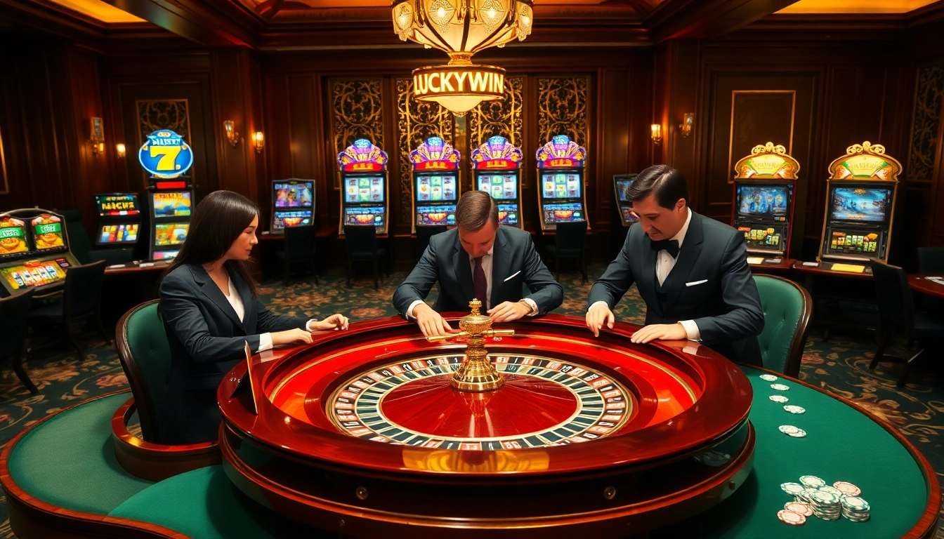 Experience thrilling gameplay at Luckywin with a luxurious casino atmosphere featuring roulette and slot machines.