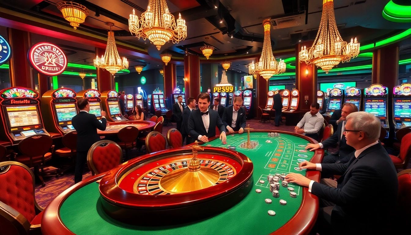 Experience the excitement at PS99 with players celebrating wins around a luxurious casino roulette table.