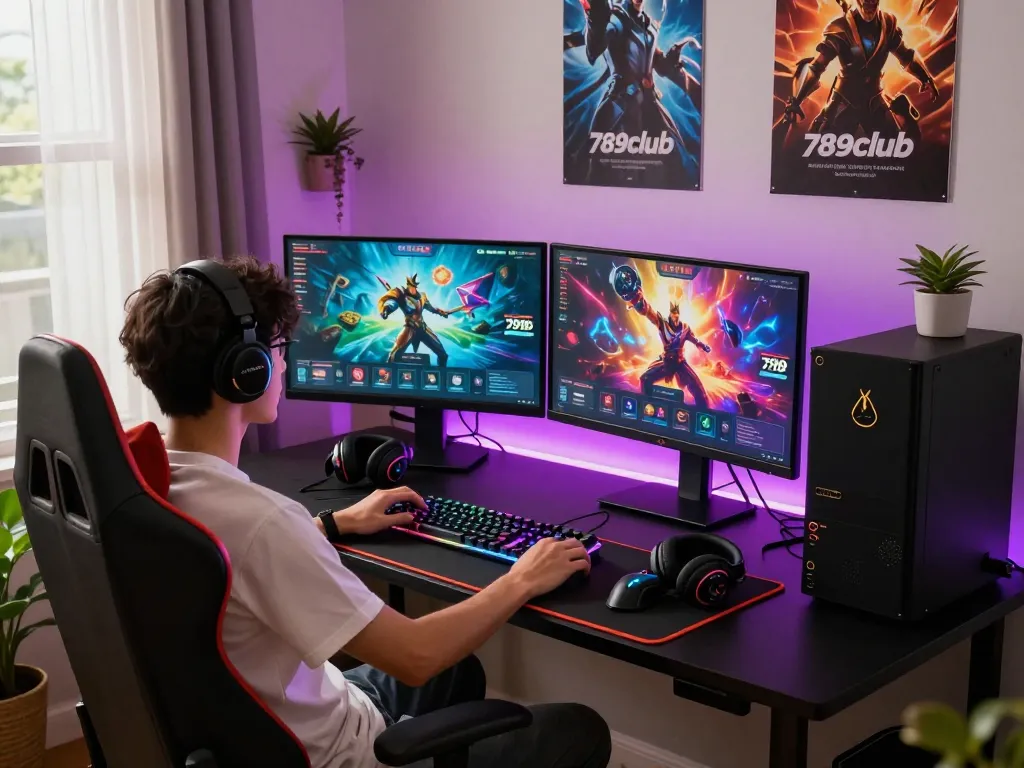 Gamer enjoying 789club online gaming experience at home with dual monitors and gaming accessories.