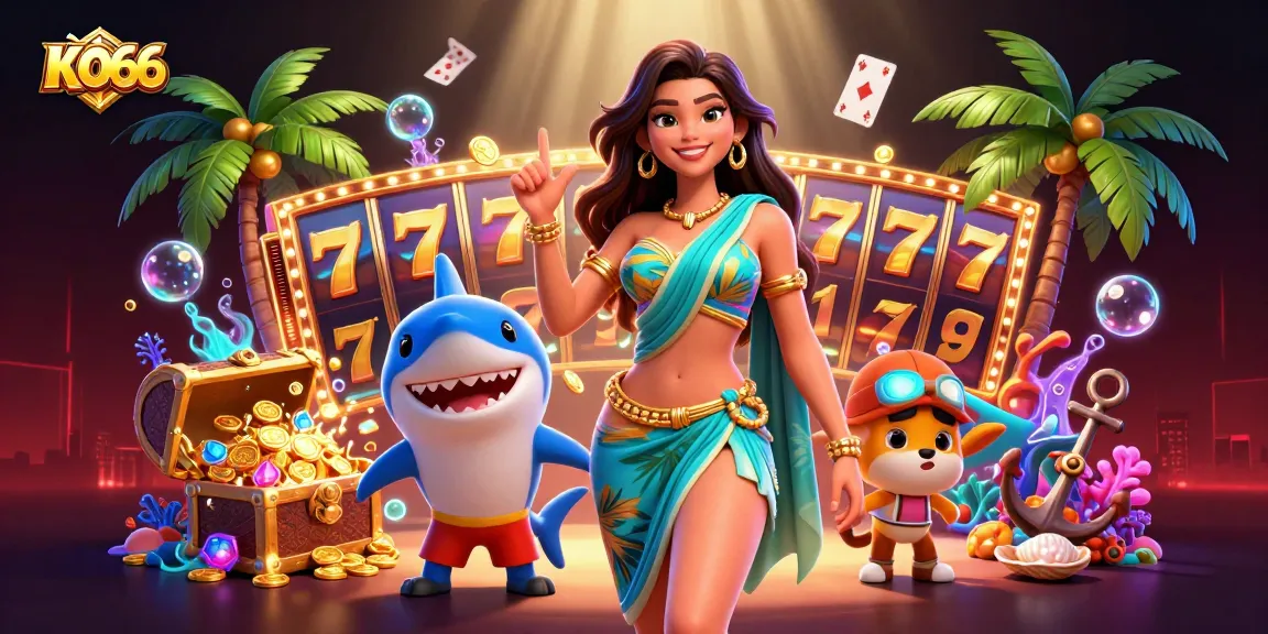 Play exciting slots at KO66, featuring a glamorous character surrounded by casino elements, gold coins, and vibrant treasures.
