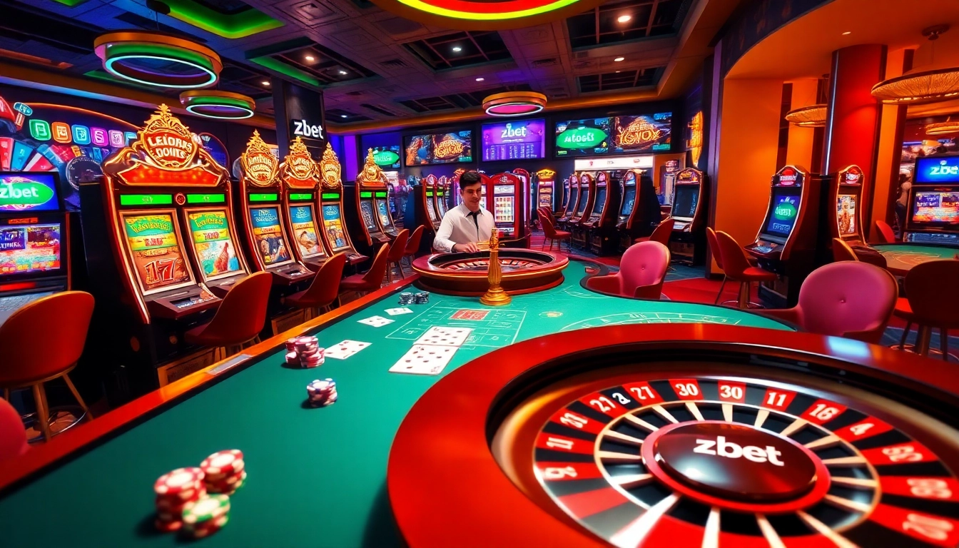 Zbet offers thrilling casino experiences with elegant poker setups and vibrant slot machines.