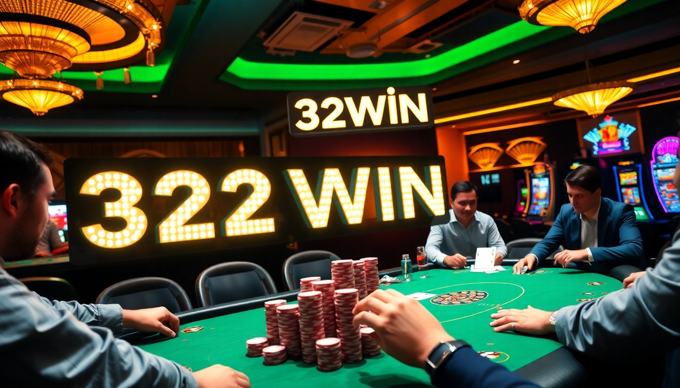 Experience the excitement of gambling at 32WIN casino with vibrant tables, cards, and roulette.