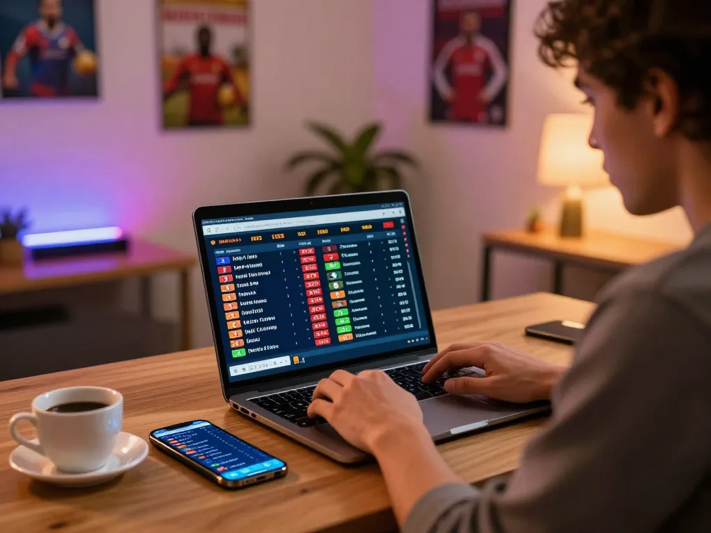 Sports bettor analyzing tỷ lệ kèo nhà cái on laptop, enhancing strategic betting decisions.