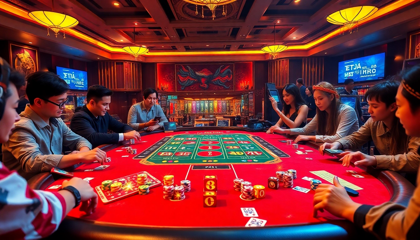 Experience the excitement of Tài Xỉu MD5 with vibrant casino visuals depicting players engaged in thrilling gameplay.