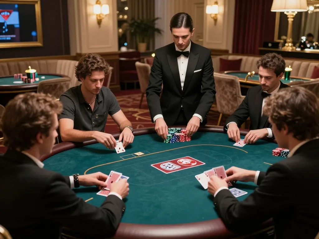Players engage in an intense poker game at a luxurious VIP room of dh88a casino.