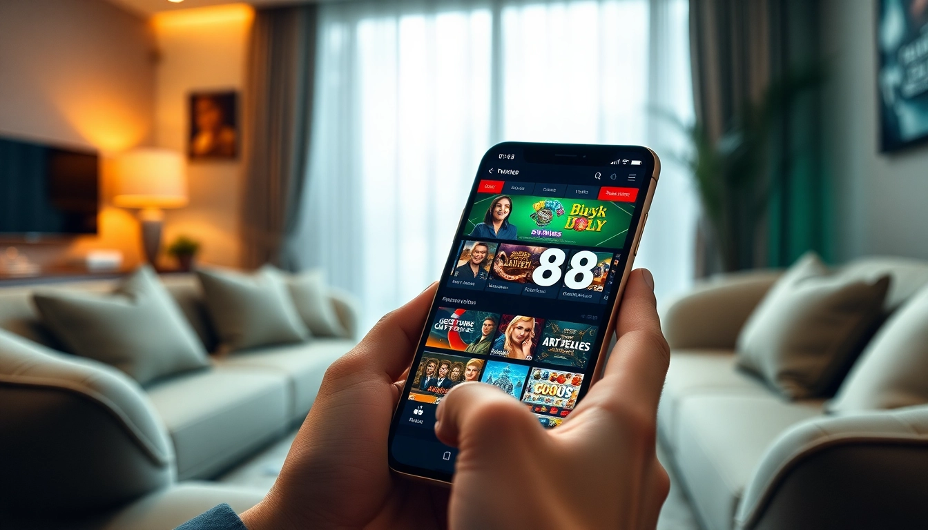 Exciting online gambling experience with the Ho88 platform displayed on a smartphone amidst casino elements.