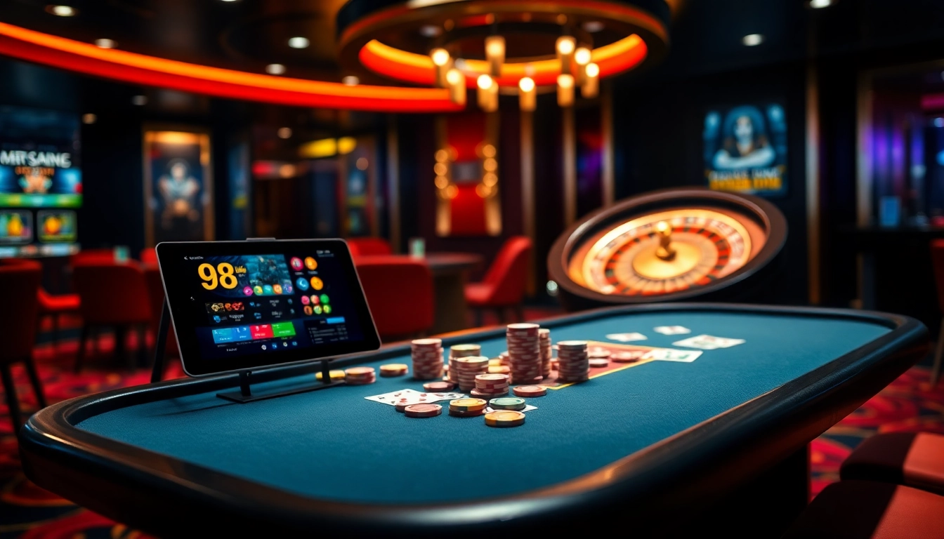 98Win offers an exciting gambling experience with poker chips and a spinning roulette wheel.