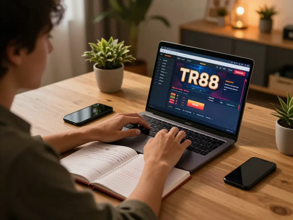 Engaging with TR88 online casino interface on a laptop, showcasing responsible gaming strategies in a cozy home environment.
