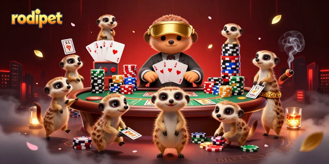 Rodipet meerkats managing a lively poker game with colorful chips in their casino operation.