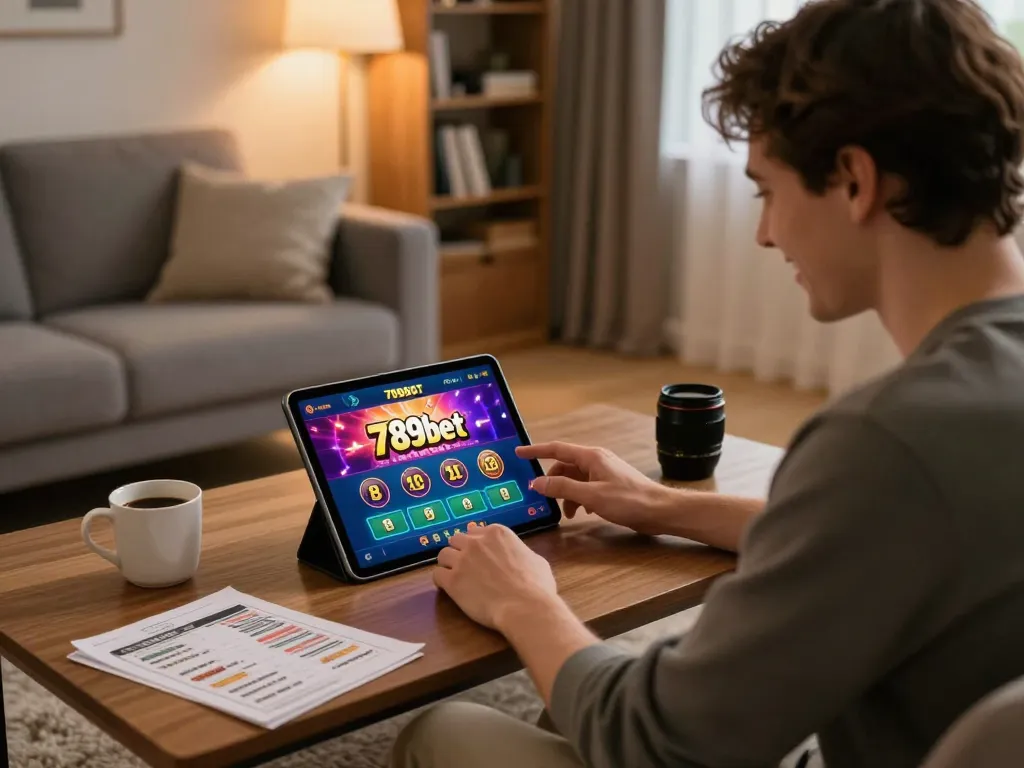 Player engaging with 789bet app on tablet, showcasing modern home gaming environment.