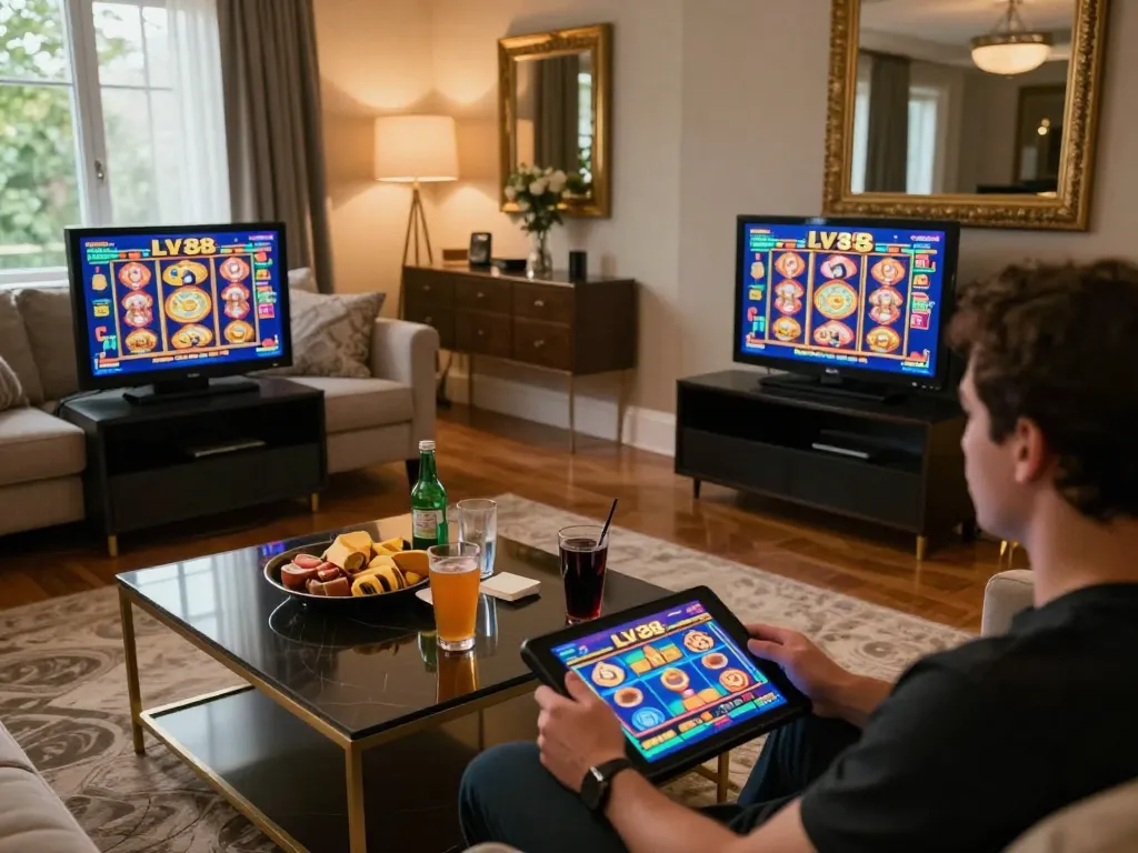 Player enjoying slot games on LV88 tablet in cozy home setting with snacks and drinks